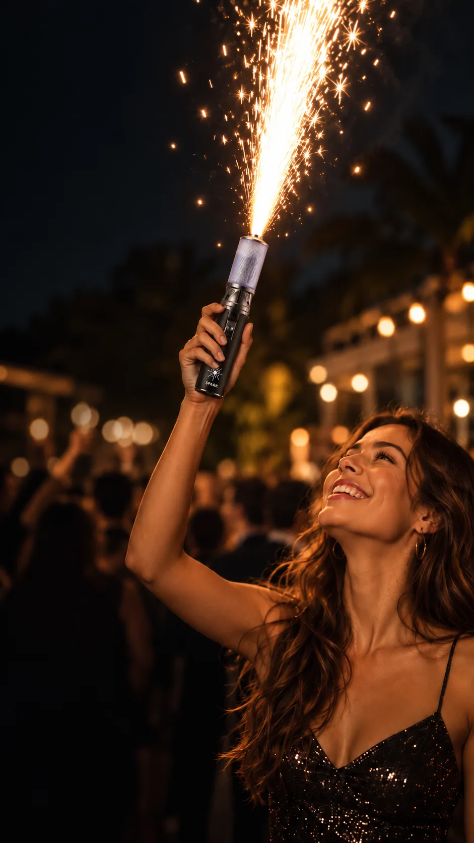 Woman holding a SPARK handheld cold spark fountain at a night celebration